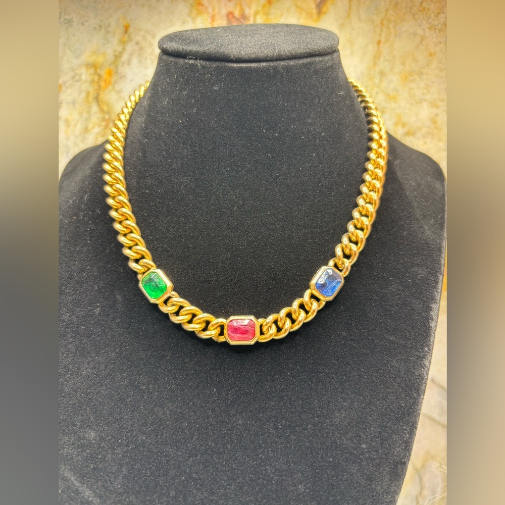 1980s Authentic Christian Dior Multi Stone Yellow Gold Tone Chunky Curb Chain